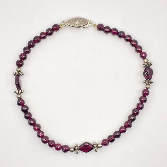 Vintage Authentic Garnet  Beaded Anklet With Silver Tone Spacers And Clasp - 9" - Picture 1 of 7